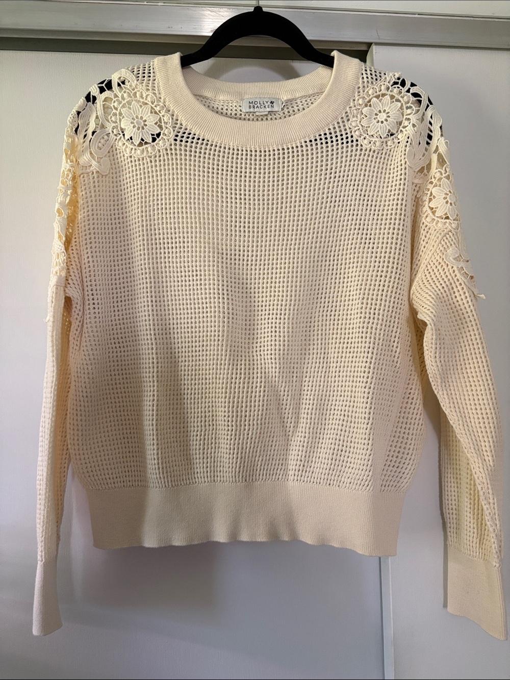 Molly Bracken size medium Ivory Open-Knit Sweater with Crochet Lace Shoulders